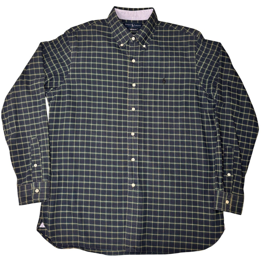 Ralph Lauren Button Down Shirt Mens L Navy Blue Yellow Grid Custom Fit Plaid - Picture 2 of 13